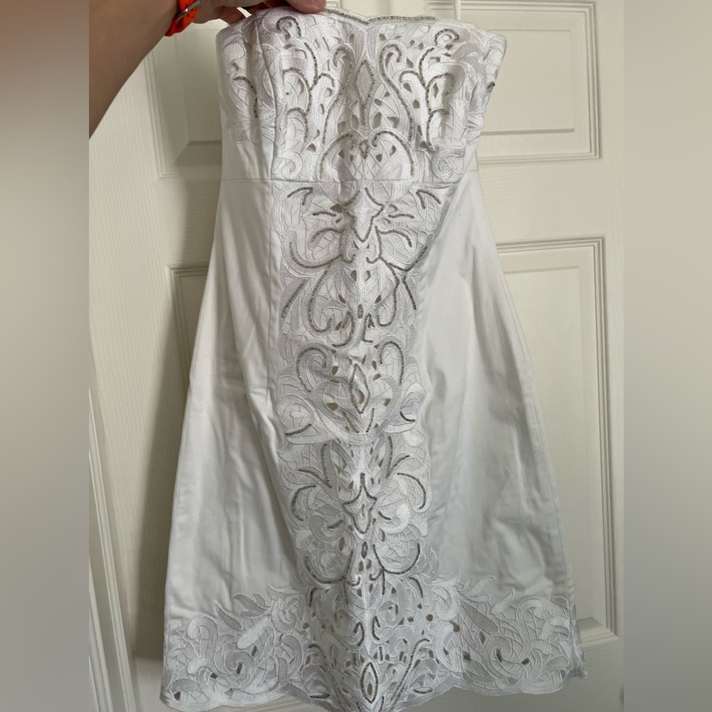 White House Black Market White Strapless Dress with silver beading